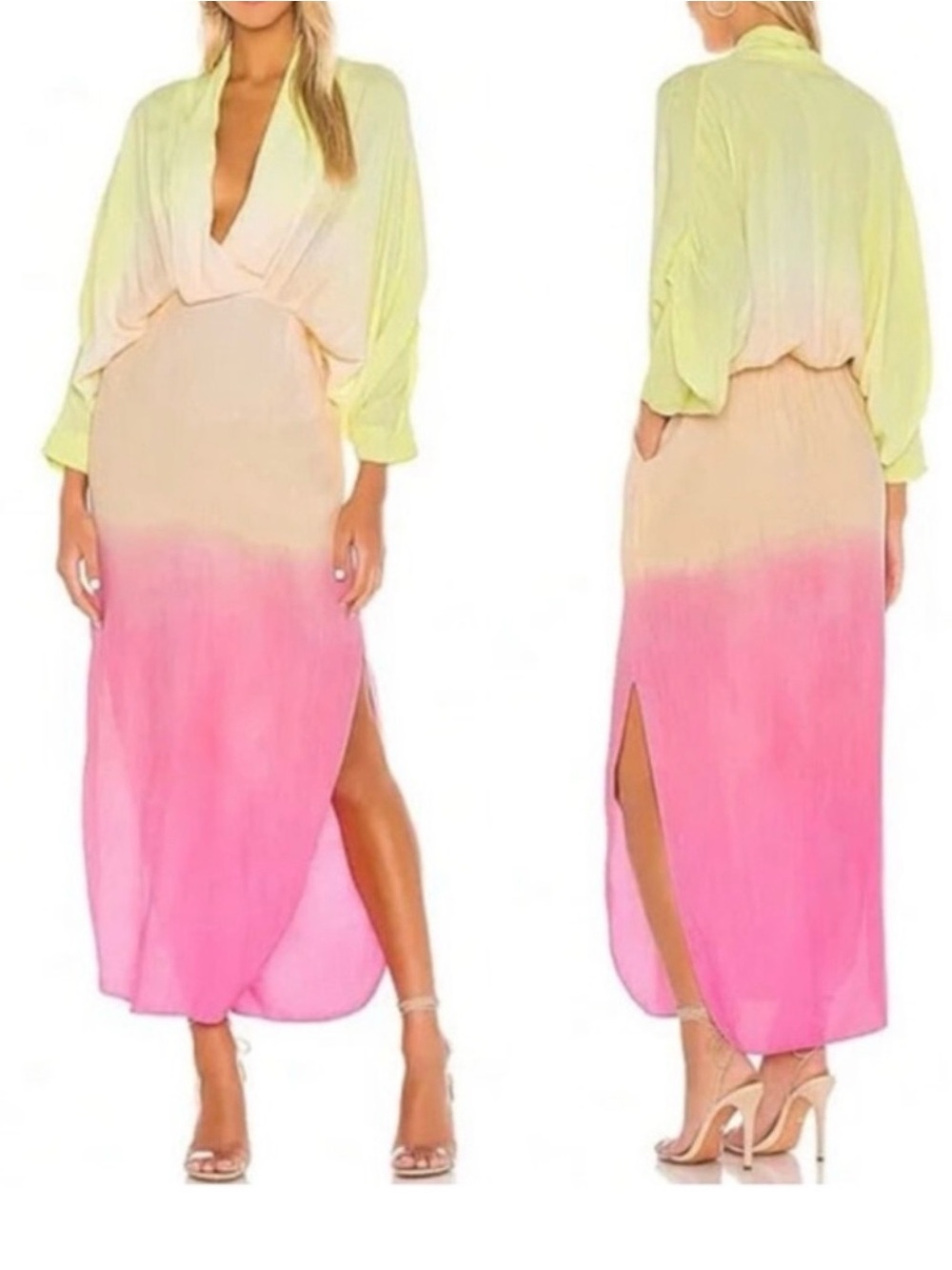 Ombre Pink and Pale Yellow Maxi Dress with Side Slit